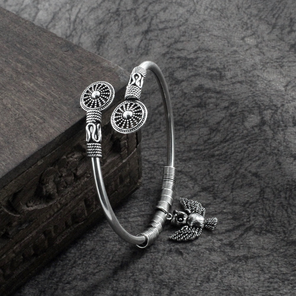 Boho Owl Style Real Silver Oxidized women's Bracelet Bangle