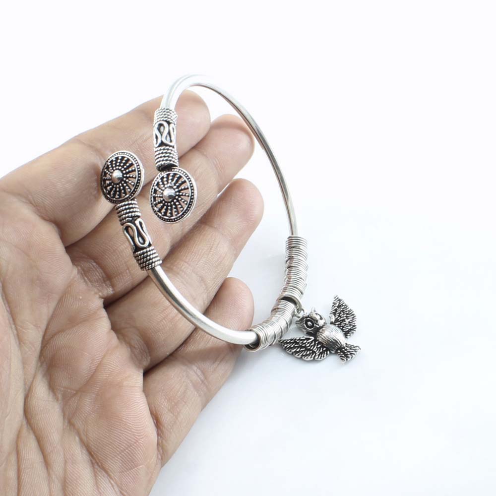 Boho Owl Style Real Silver Oxidized women's Bracelet Bangle - Single