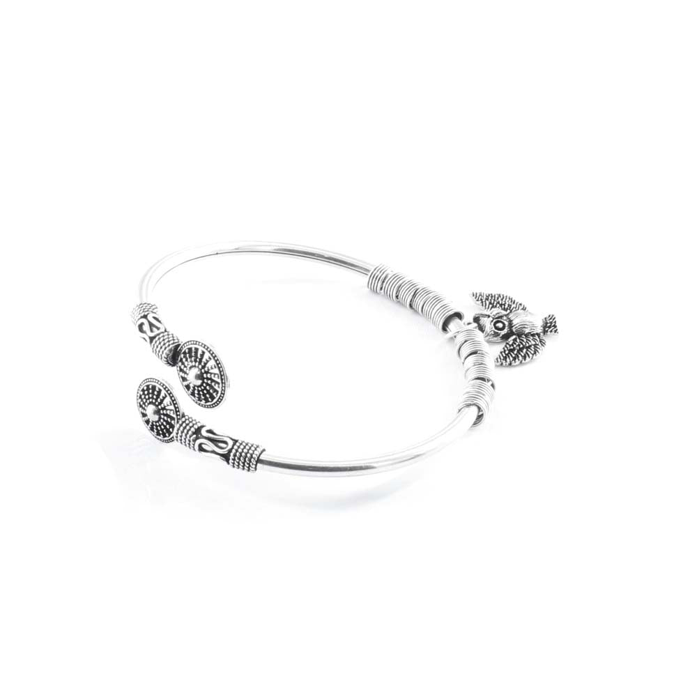 Boho Owl Style Real Silver Oxidized women's Bracelet Bangle - Single