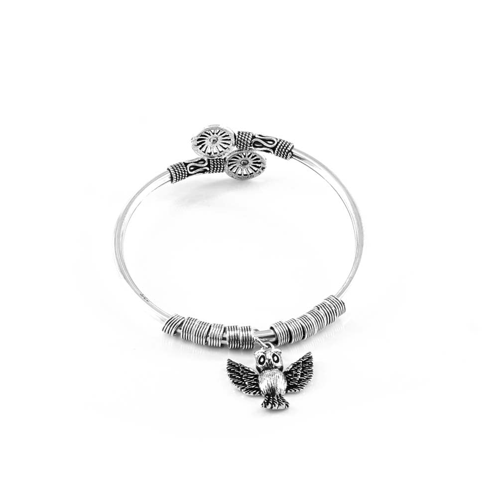 Boho Owl Style Real Silver Oxidized women's Bracelet Bangle - Single