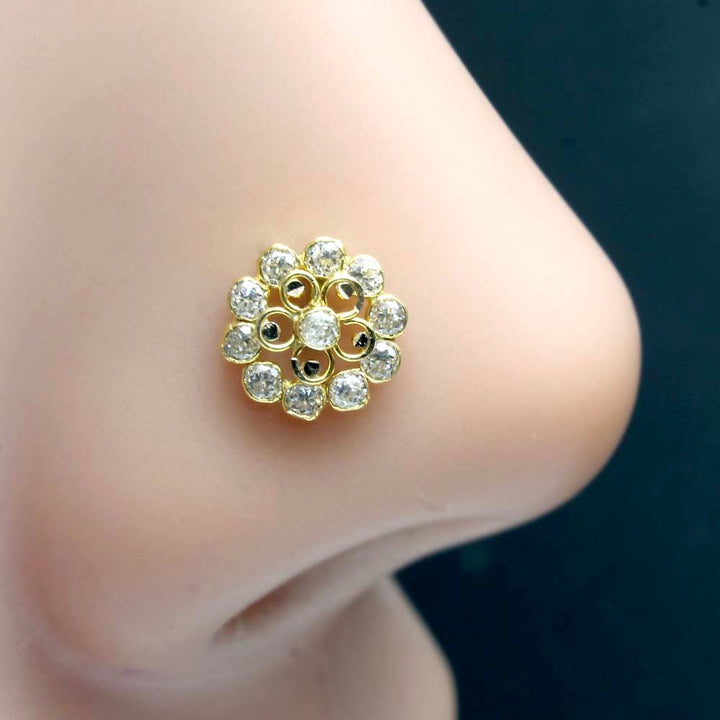 Flower Style 14K Real Gold Nose stud with White Stone 