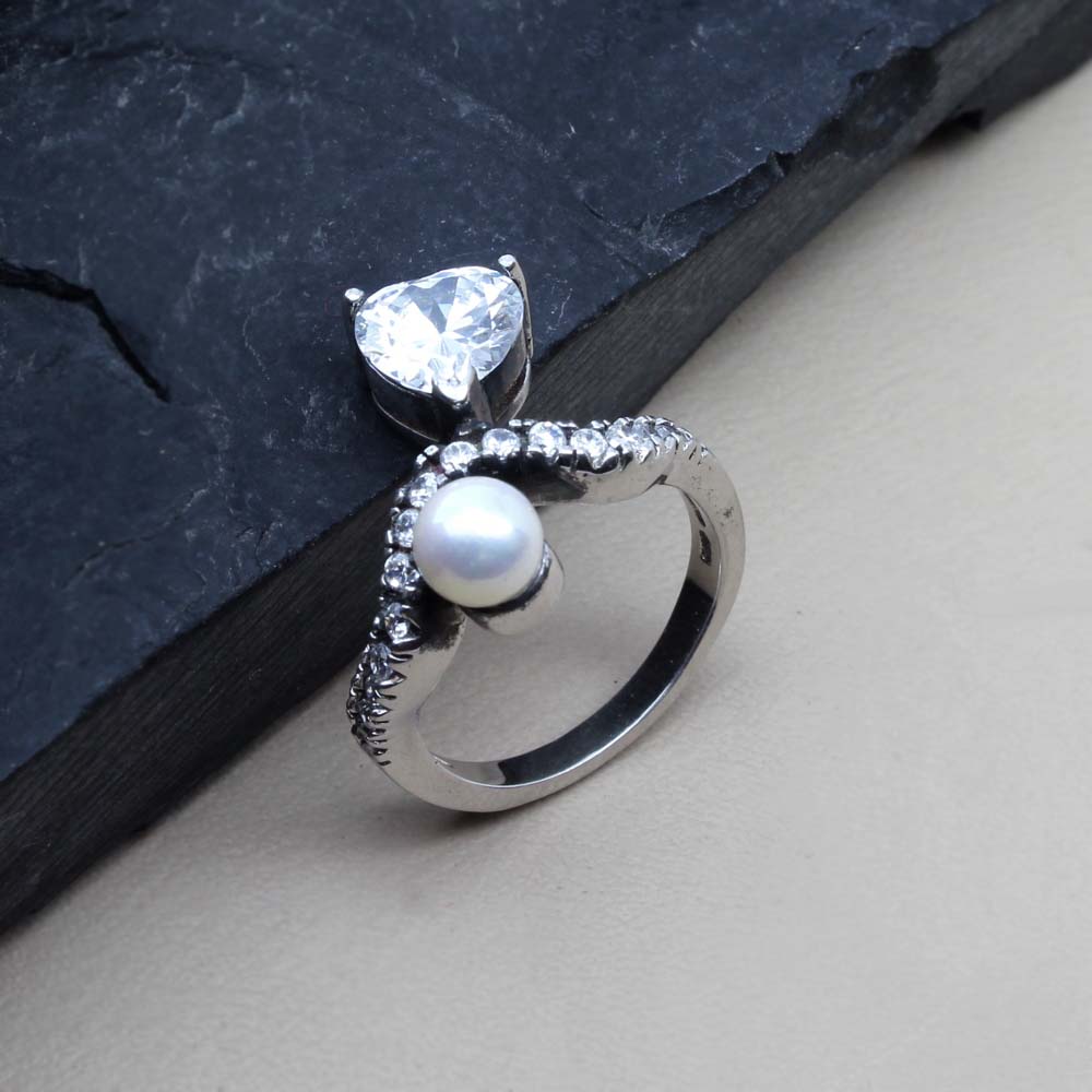 Real Solid .925 Sterling Silver Ring Pearl CZ Studded Platinum Finish