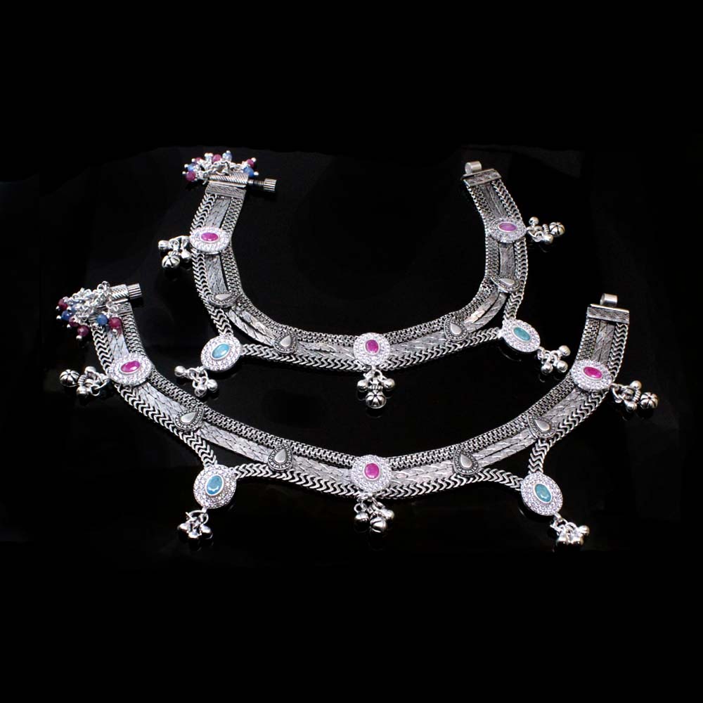 Indian Bridal Real Sterling Silver Oxidized Anklets Ankle Pair 9.5"