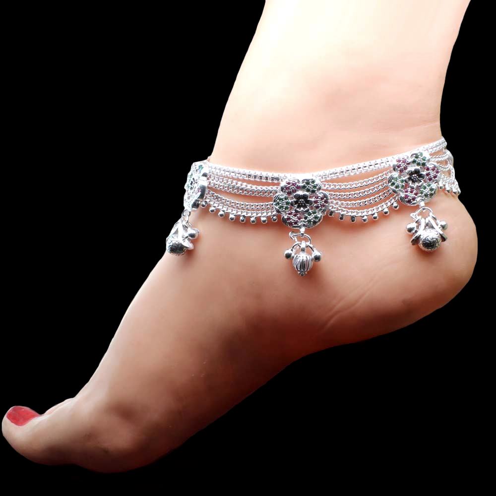 Bridal Style Real Sterling Silver Multi CZ Anklets Ankle Pair 9.5"