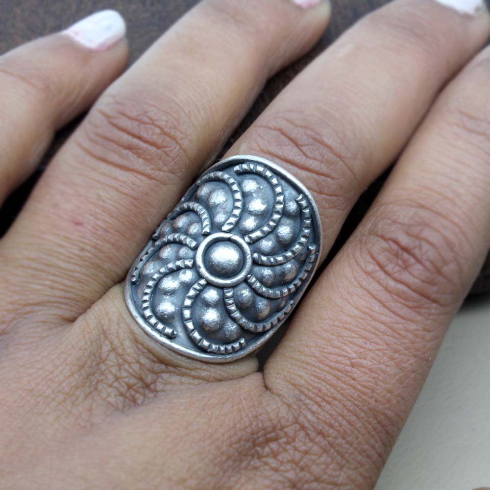 Sun wheel Circular hand engraved antique 925 Sterling Silver Ring adjustable