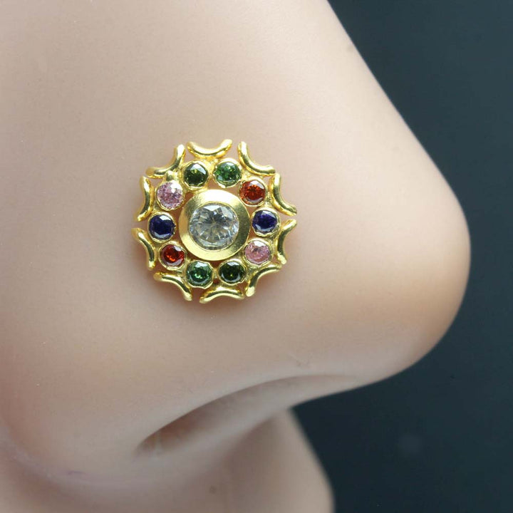 Cute Floral 14K Real Gold Women Nose stud Multi CZ nose ring Push Pin