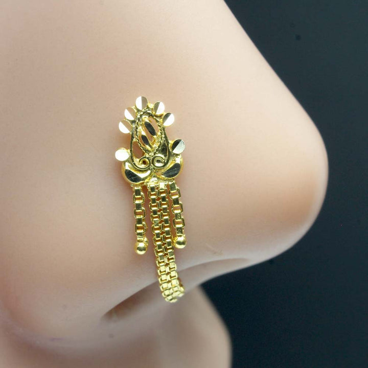 Traditional 14k Real Gold Indian Chain Style Women Nose Stud Pin