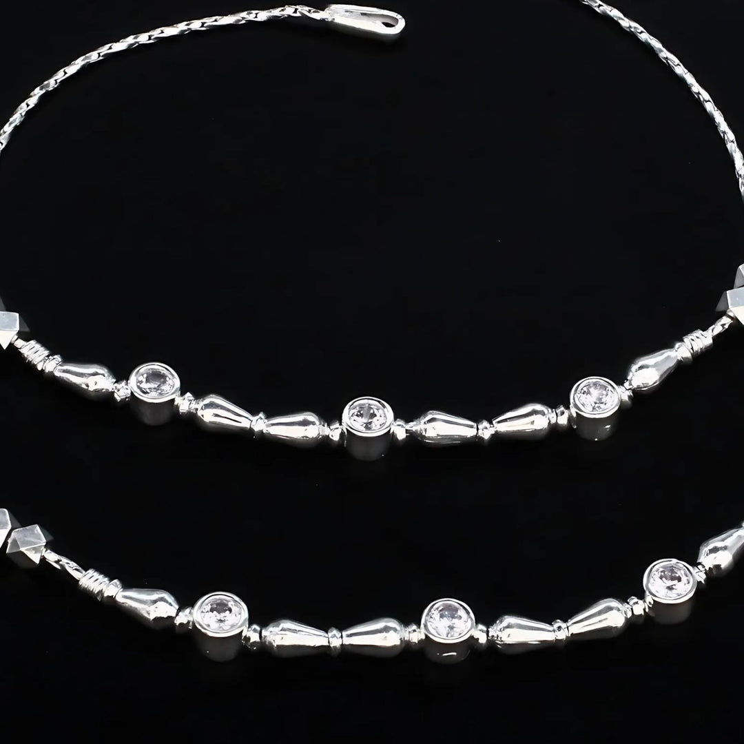 Real Silver Indian Women Clear White CZ Anklet Pair 10.3"