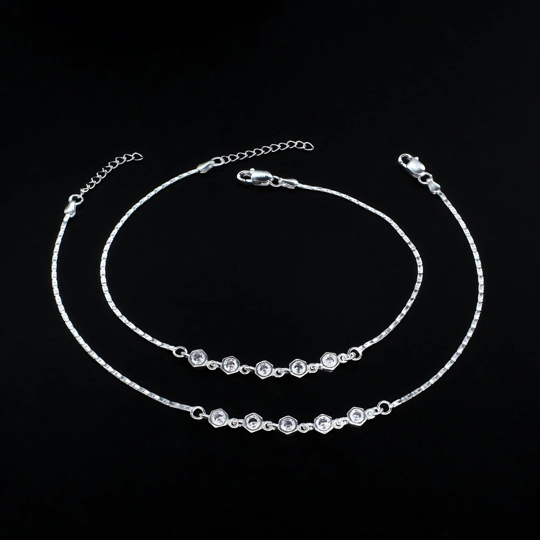 Real Silver Indian Women pretty gifts White CZ Anklet Pair 10.5"