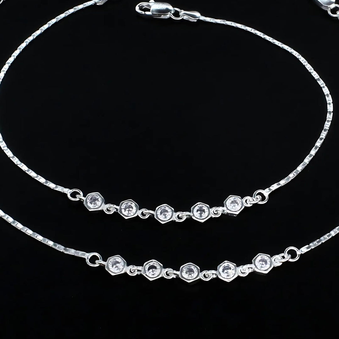 Real Silver Indian Women pretty gifts White CZ Anklet Pair 10.5"