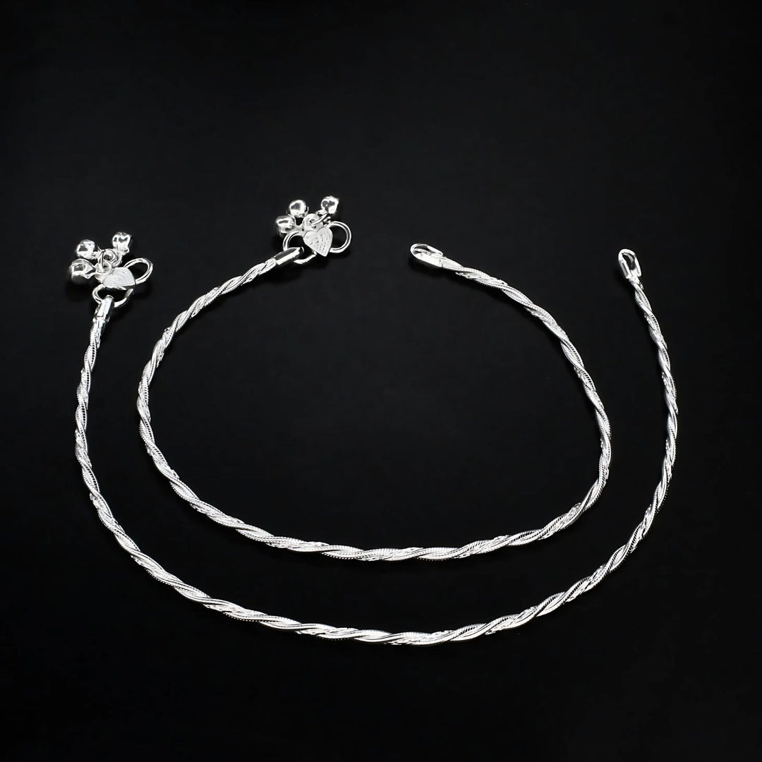 Real Silver women twisted chain style Anklet Pair 10.3"