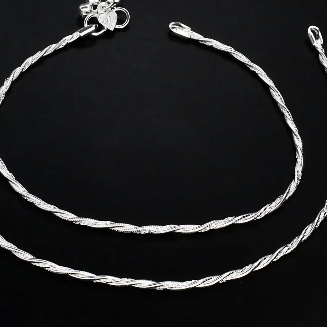 Real Silver women twisted chain style Anklet Pair 10.3"