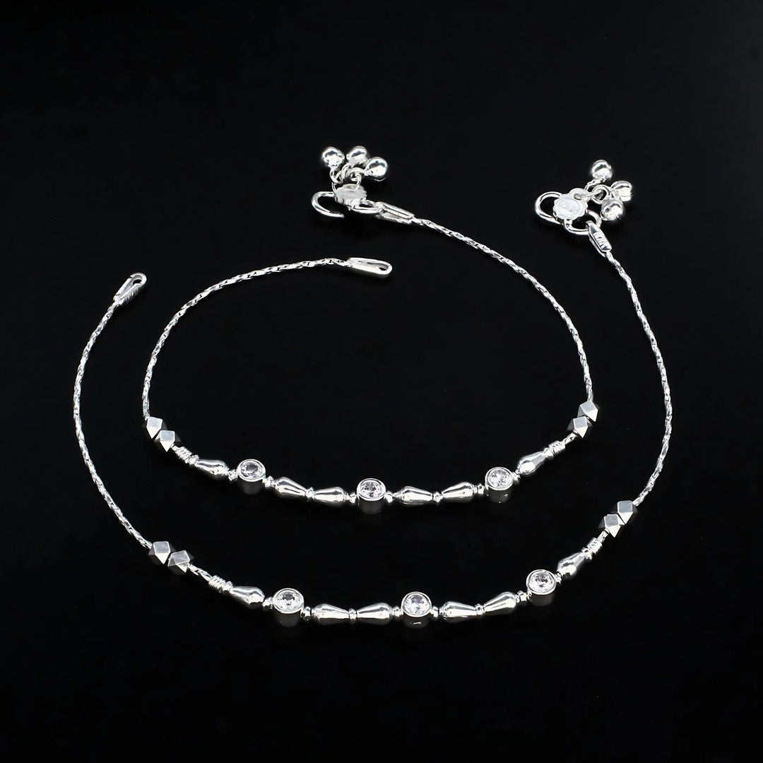 Real Silver Indian Women Clear White CZ Anklet Pair 10.3"
