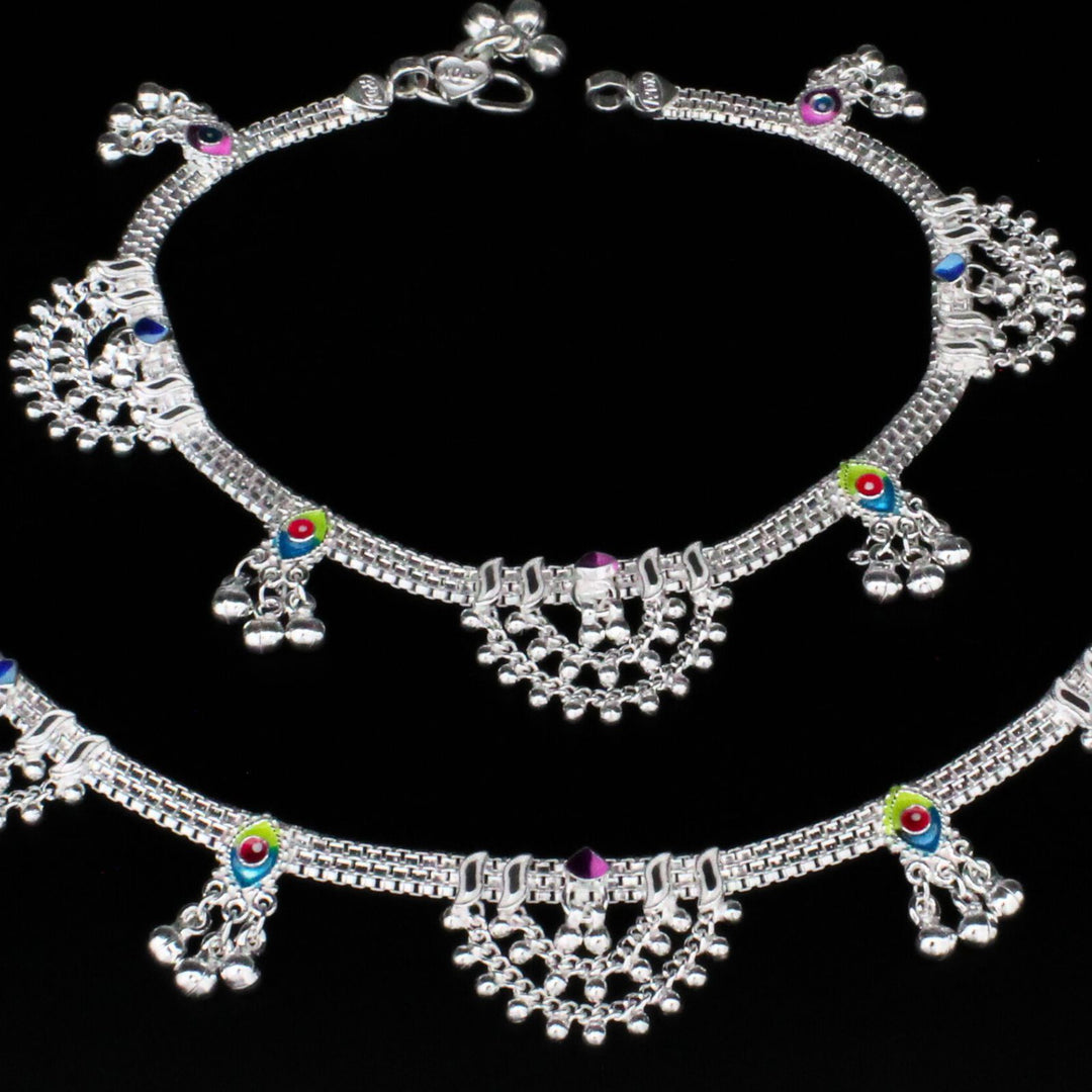 Real Sterling Silver Indian women Bridle handmade Anklets Ankle Pair 10.3"