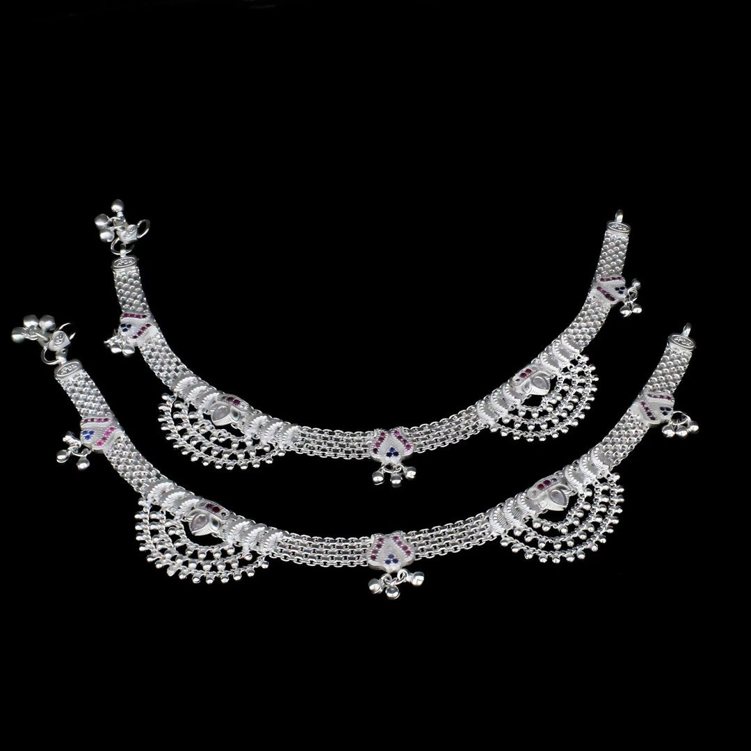 Real Sterling Silver Indian women brides collection wedding Multi CZ Anklets Ankle Pair 10.2"