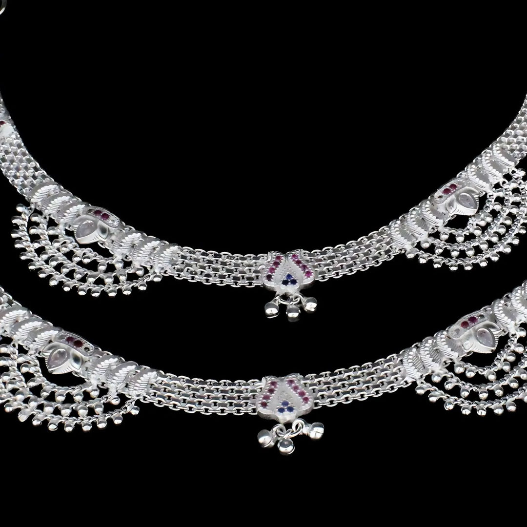 Real Sterling Silver Indian women brides collection wedding Multi CZ Anklets Ankle Pair 10.2"