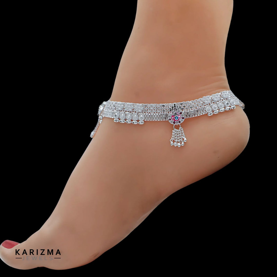 Real Sterling Silver Indian women cultural design party wear pink white CZ Anklets Ankle Pair 10.3"