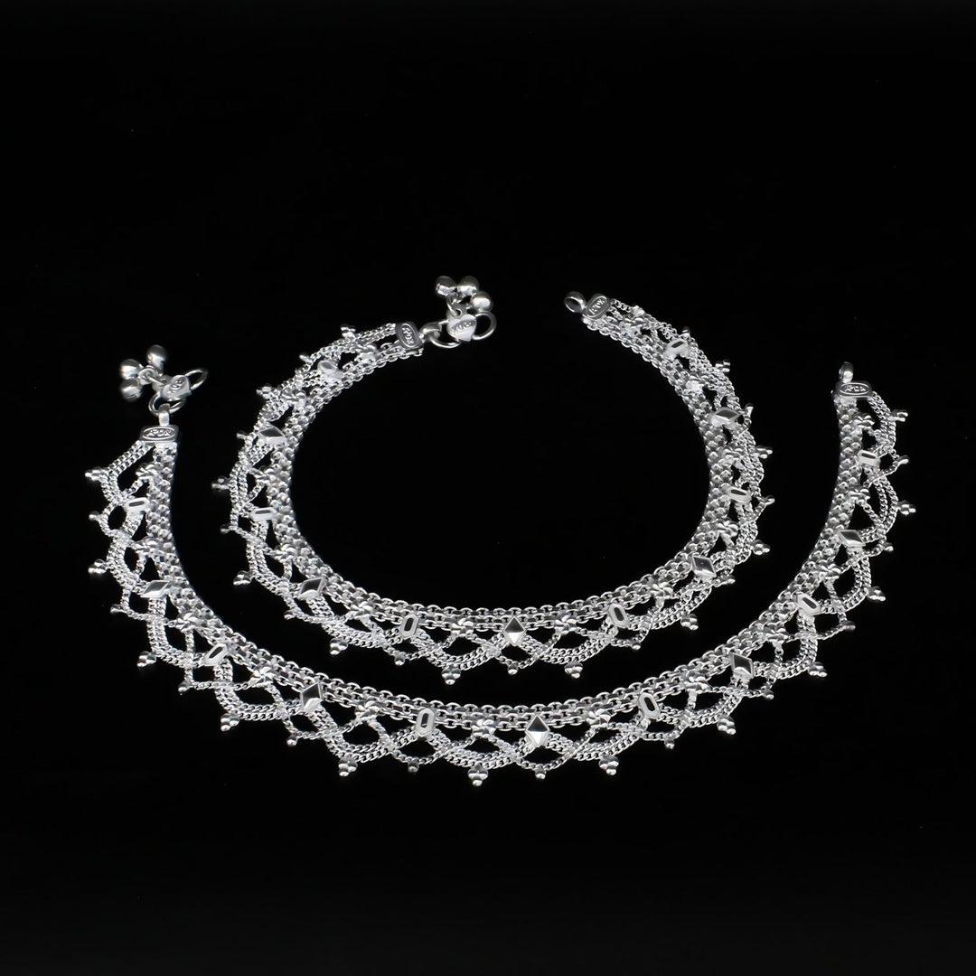 Real Sterling Silver Indian women gifting jewelery Anklets Ankle Pair 10.3"