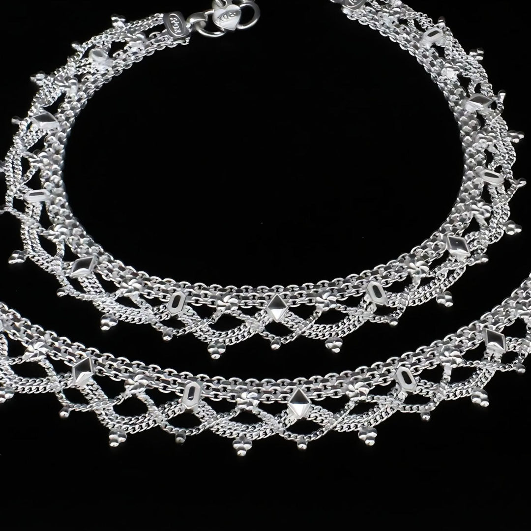 Real Sterling Silver Indian women gifting jewelery Anklets Ankle Pair 10.3"