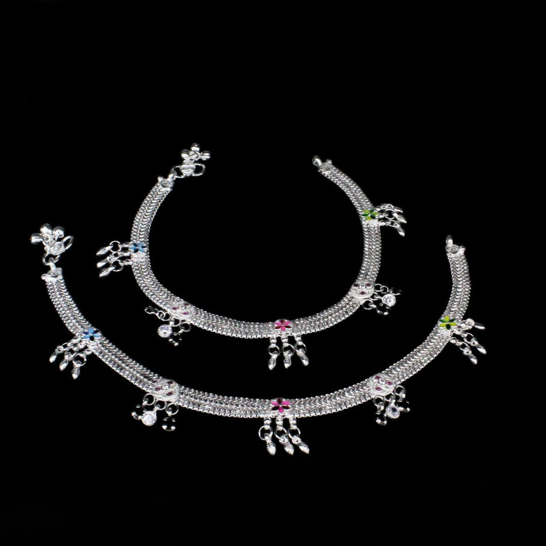 Real Sterling Silver Indian women Multi CZ fabulous Anklets Ankle Pair 10.3"