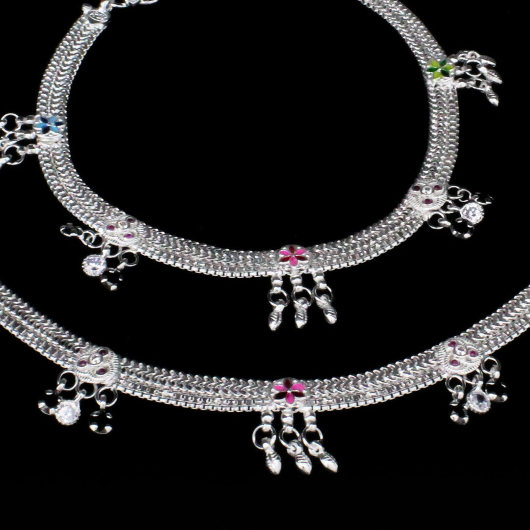 Real Sterling Silver Indian women Multi CZ fabulous Anklets Ankle Pair 10.3"