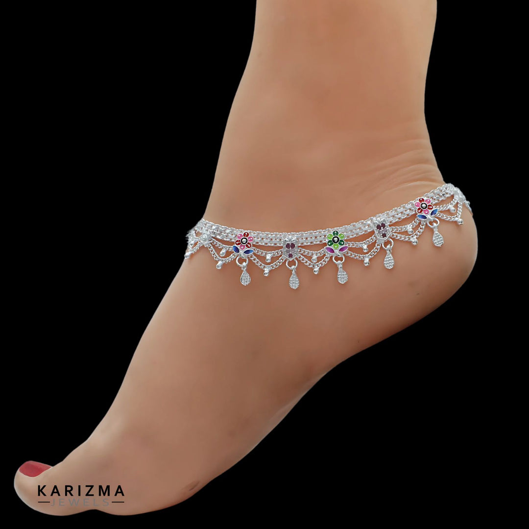 Real Sterling Silver Indian women pink CZ floral design Anklets Ankle Pair 10.3"