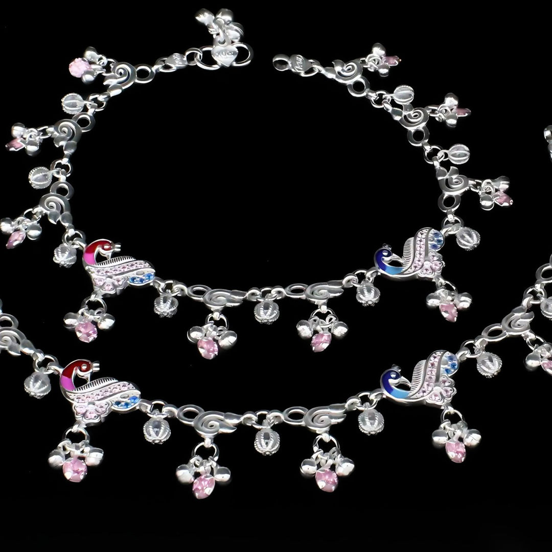 Real Sterling Silver Indian women pink CZ  unique trendy Anklets Ankle Pair 10.3"