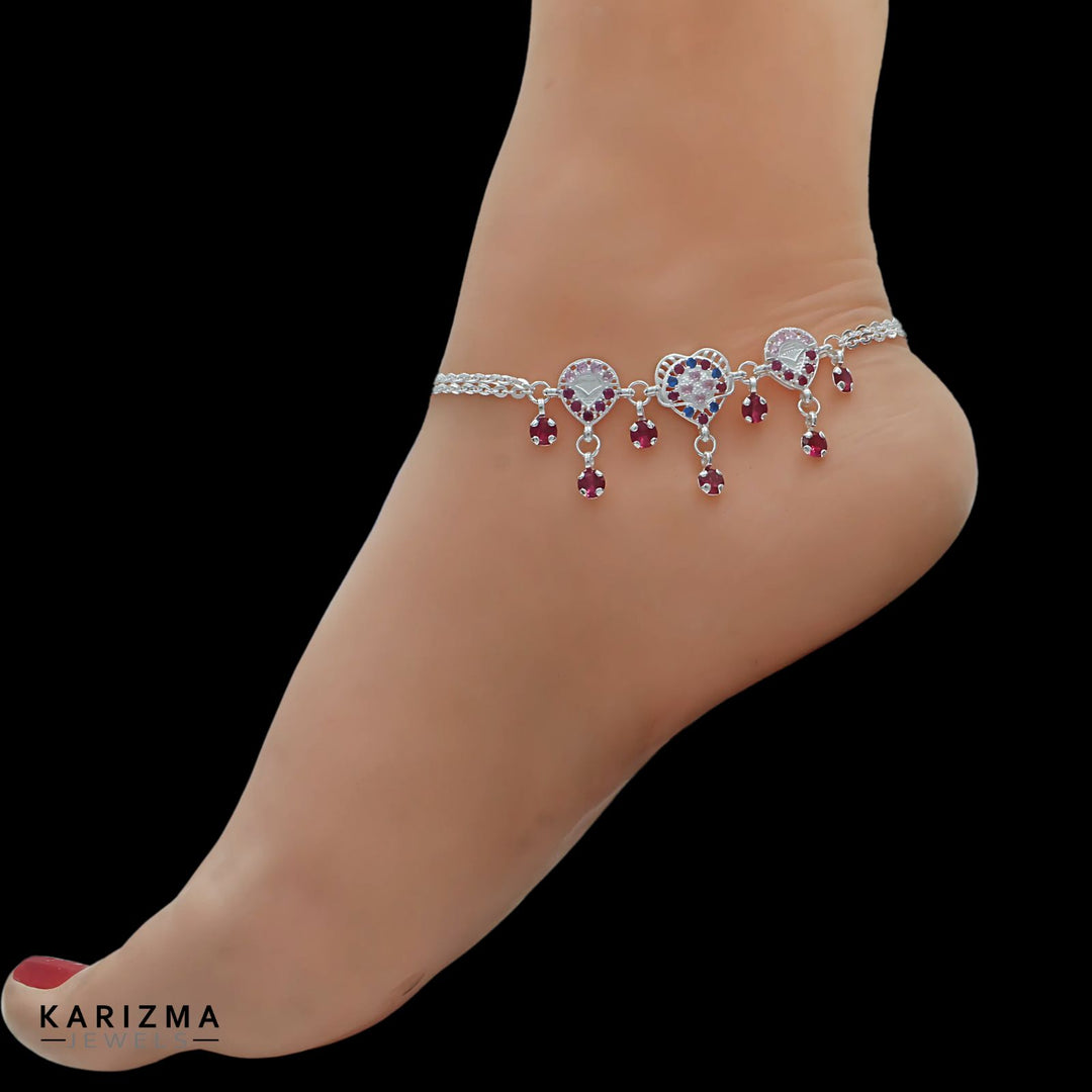 Real Sterling Silver Indian women handmade pretty gift pink CZ Anklets Ankle Pair 9.5"