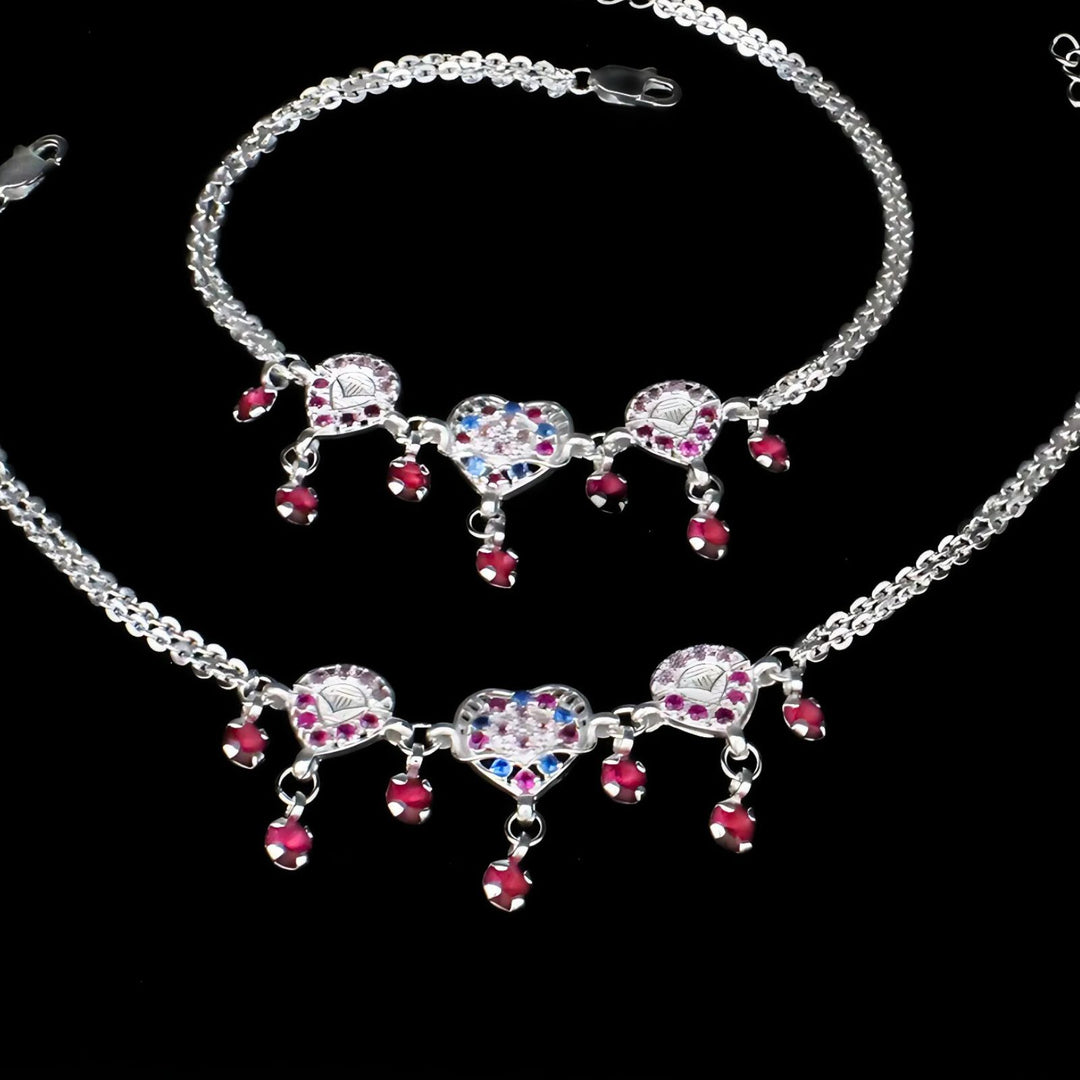 Real Sterling Silver Indian women handmade pretty gift pink CZ Anklets Ankle Pair 9.5"