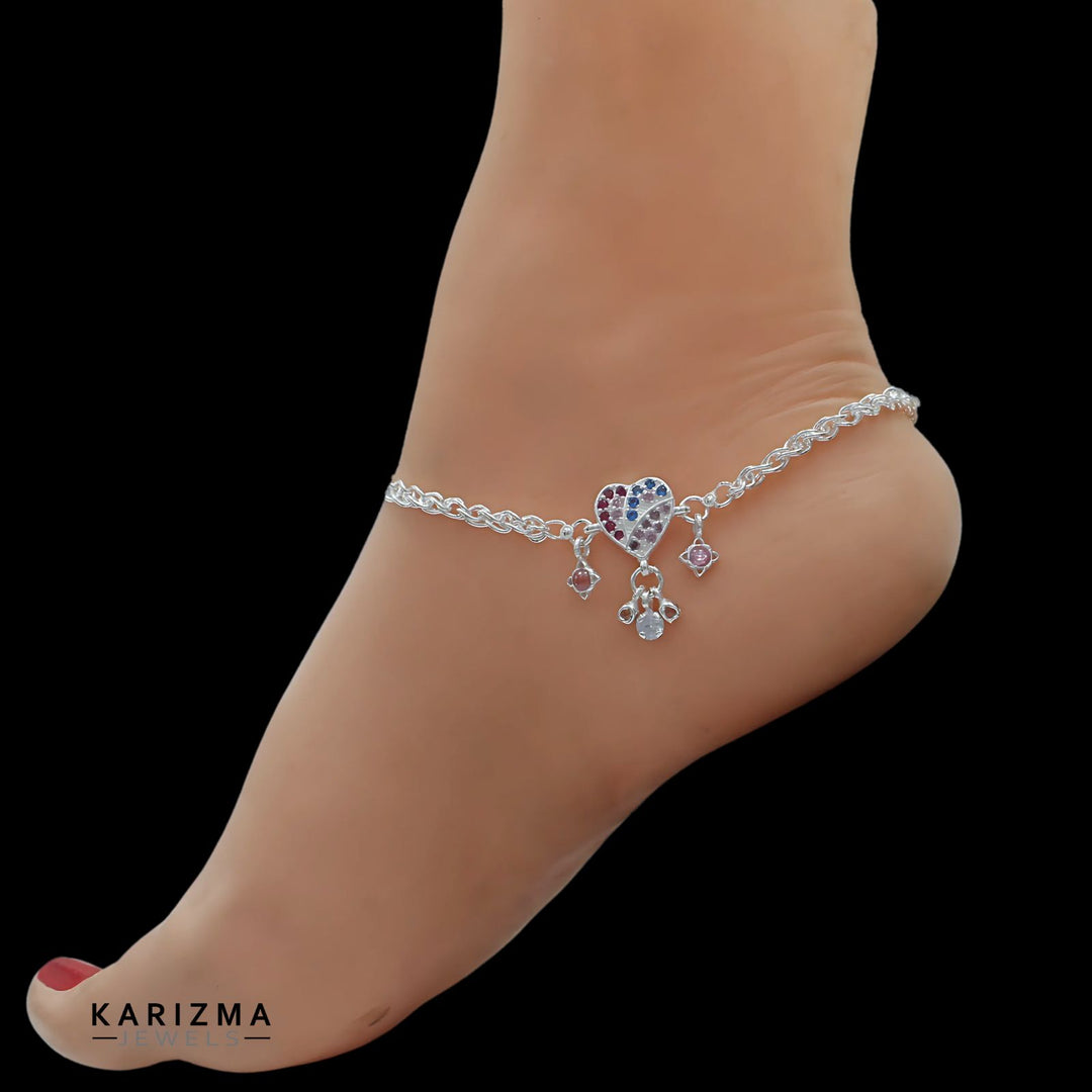 Real Sterling Silver Indian women Multi CZ cute Heart design Anklets Ankle Pair 10.5"