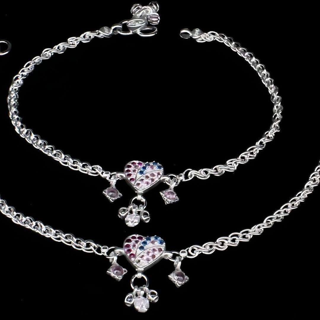 Real Sterling Silver Indian women Multi CZ cute Heart design Anklets Ankle Pair 10.5"