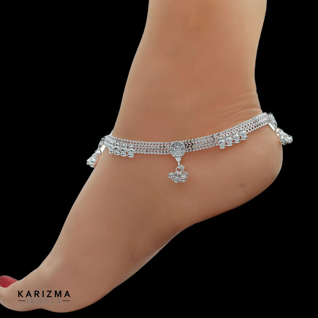 Real Sterling Silver Indian women White CZ  party wear Anklets Ankle Pair 10.3"