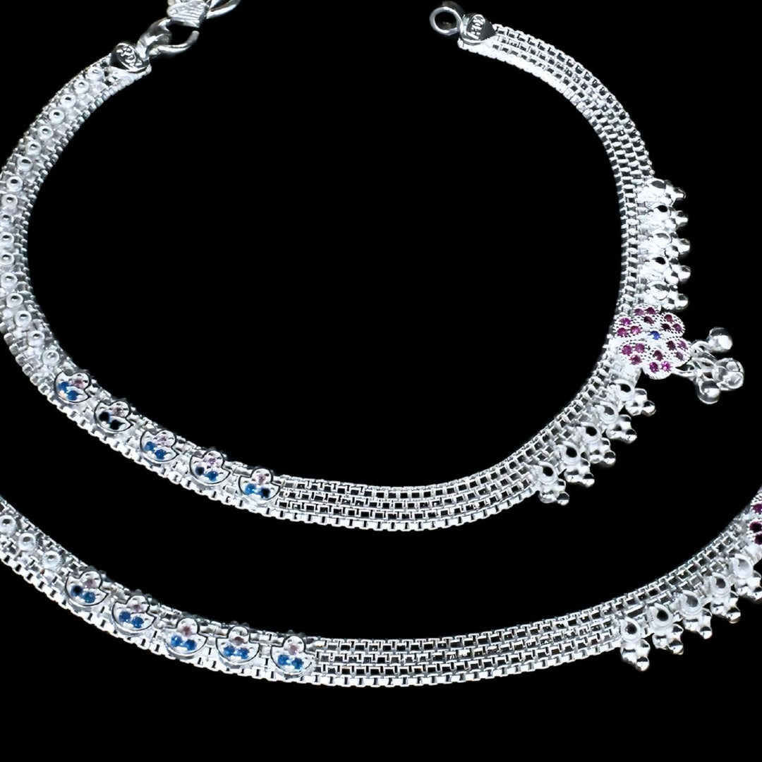 Real Silver Ankle Bracelet with Multi-color Stones 