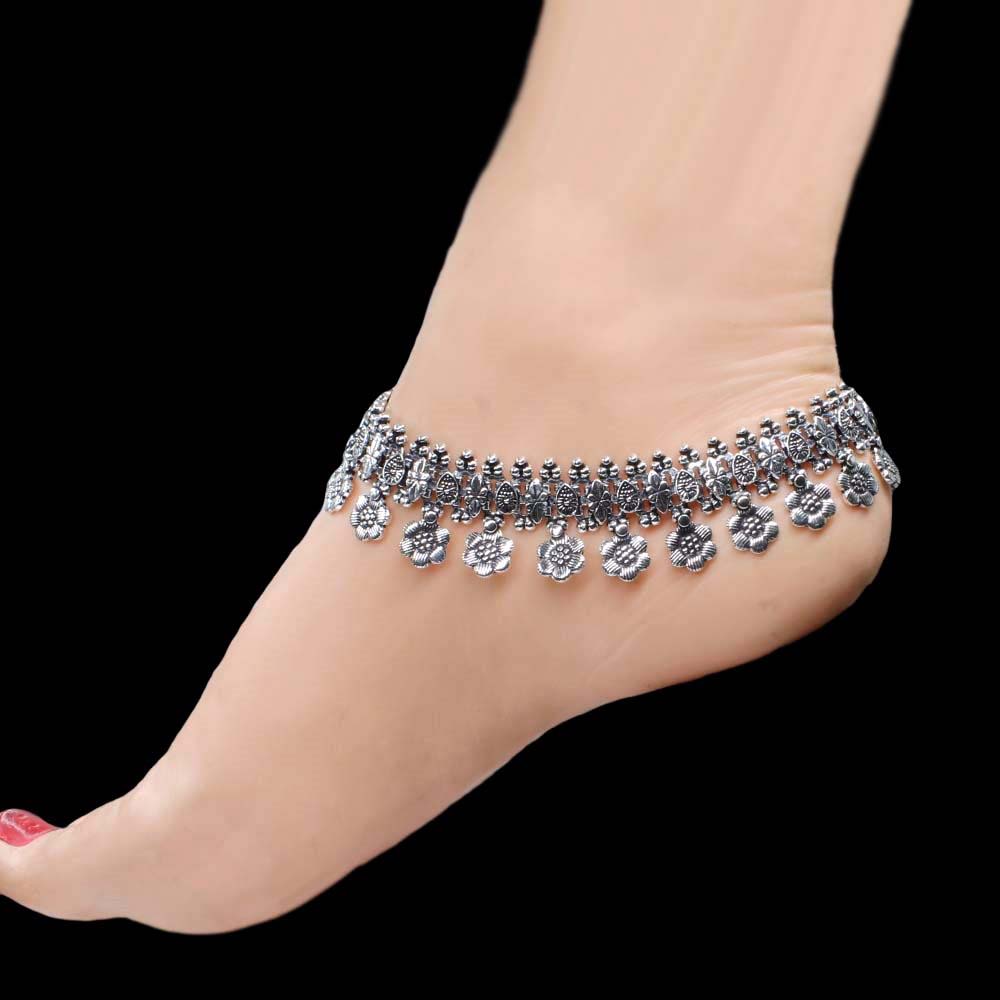 Real Silver Ankle Bracelet with Floral Design