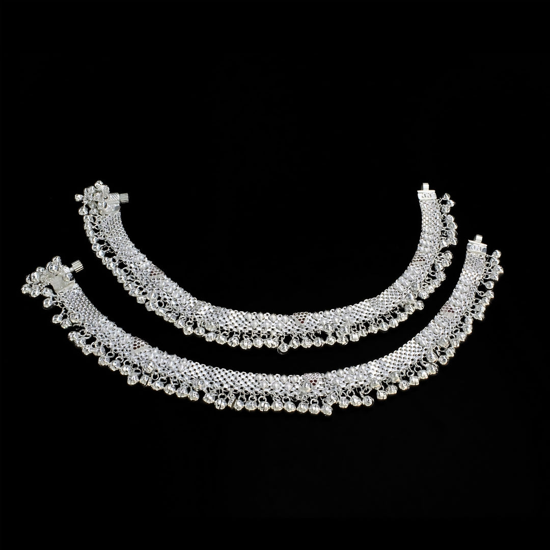 Premium Designer Real Silver Bridal Jingle Bells Pink CZ Anklet Pair - 10 inch