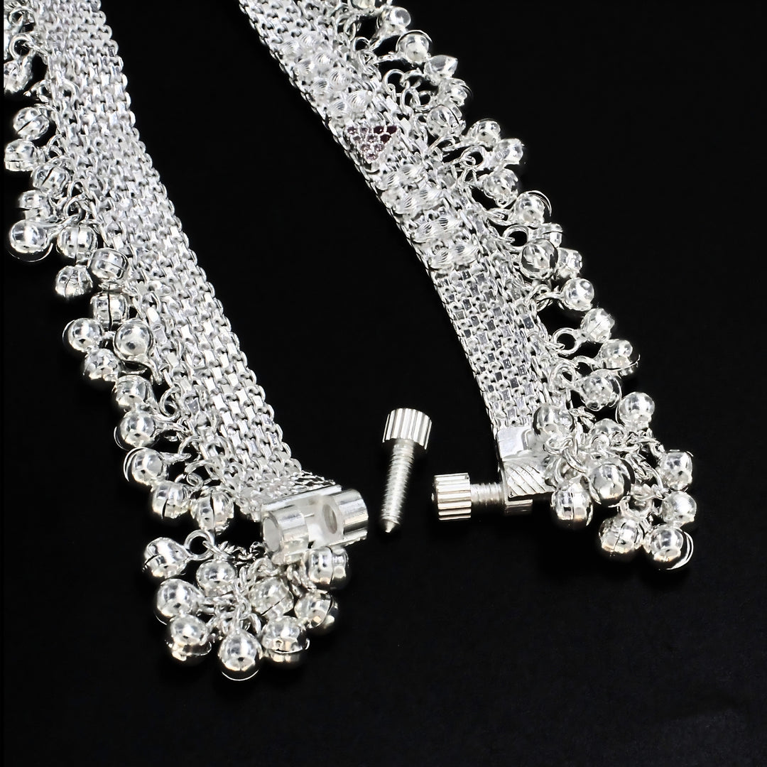 Premium Designer Real Silver Bridal Jingle Bells Pink CZ Anklet Pair - 10 inch