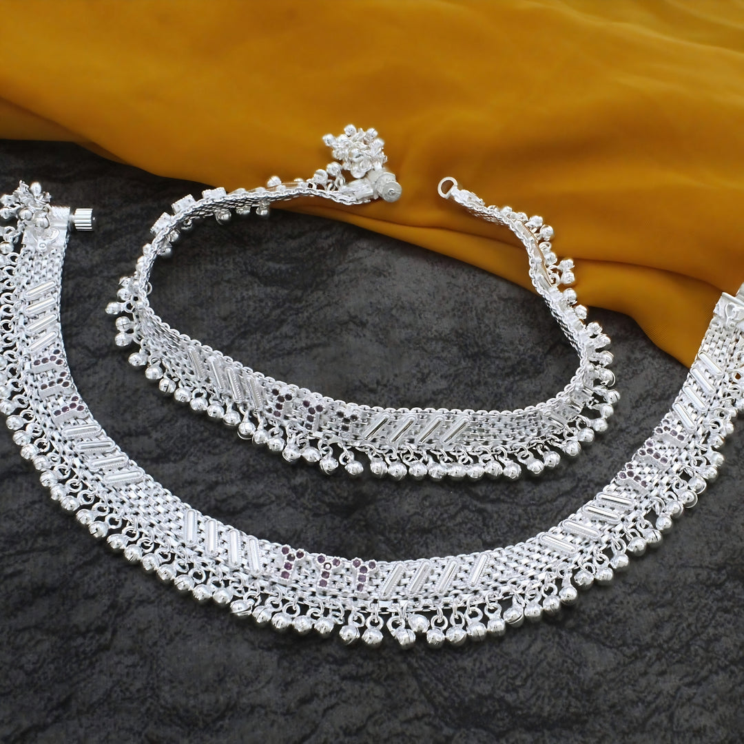 Real Silver Wedding & Festive Wear Jingle Bells Pink CZ Anklet Pair - 9.8 inch