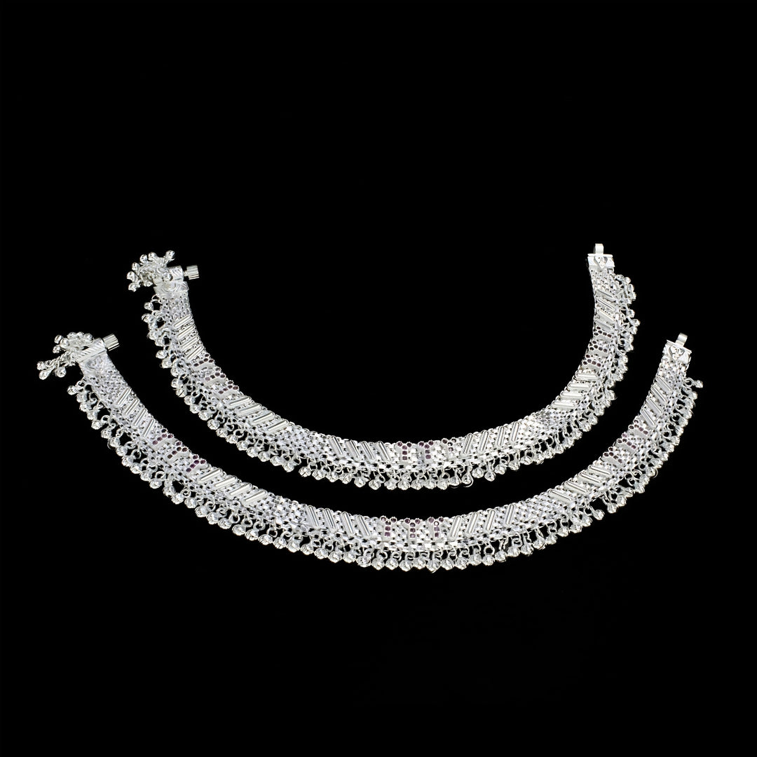 Real Silver Wedding & Festive Wear Jingle Bells Pink CZ Anklet Pair - 9.8 inch