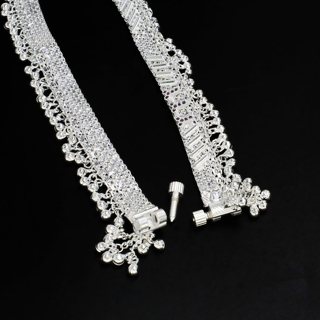 Real Silver Wedding & Festive Wear Jingle Bells Pink CZ Anklet Pair - 9.8 inch