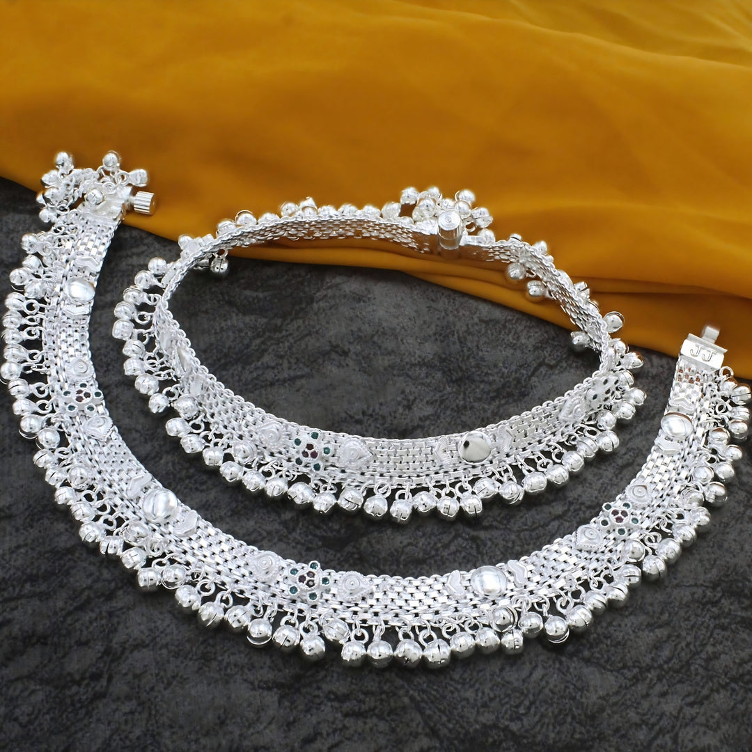 Real Silver Traditional Indian Bridal Blue Pink CZ Anklet Pair - 9.8 inch