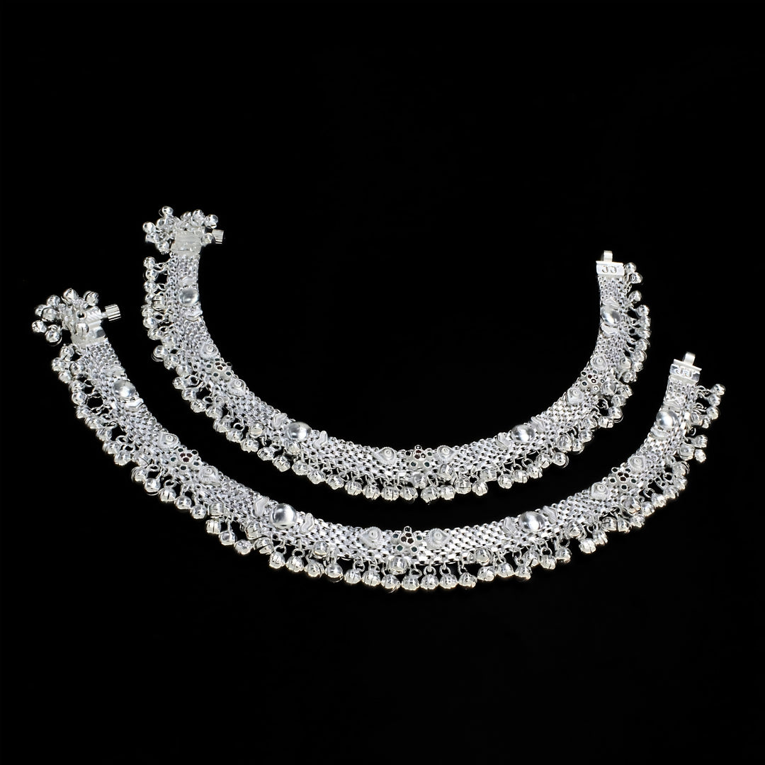Real Silver Traditional Indian Bridal Blue Pink CZ Anklet Pair - 9.8 inch