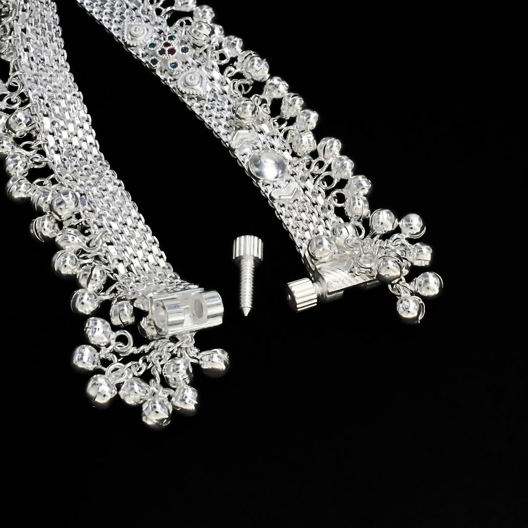 Real Silver Traditional Indian Bridal Blue Pink CZ Anklet Pair - 9.8 inch