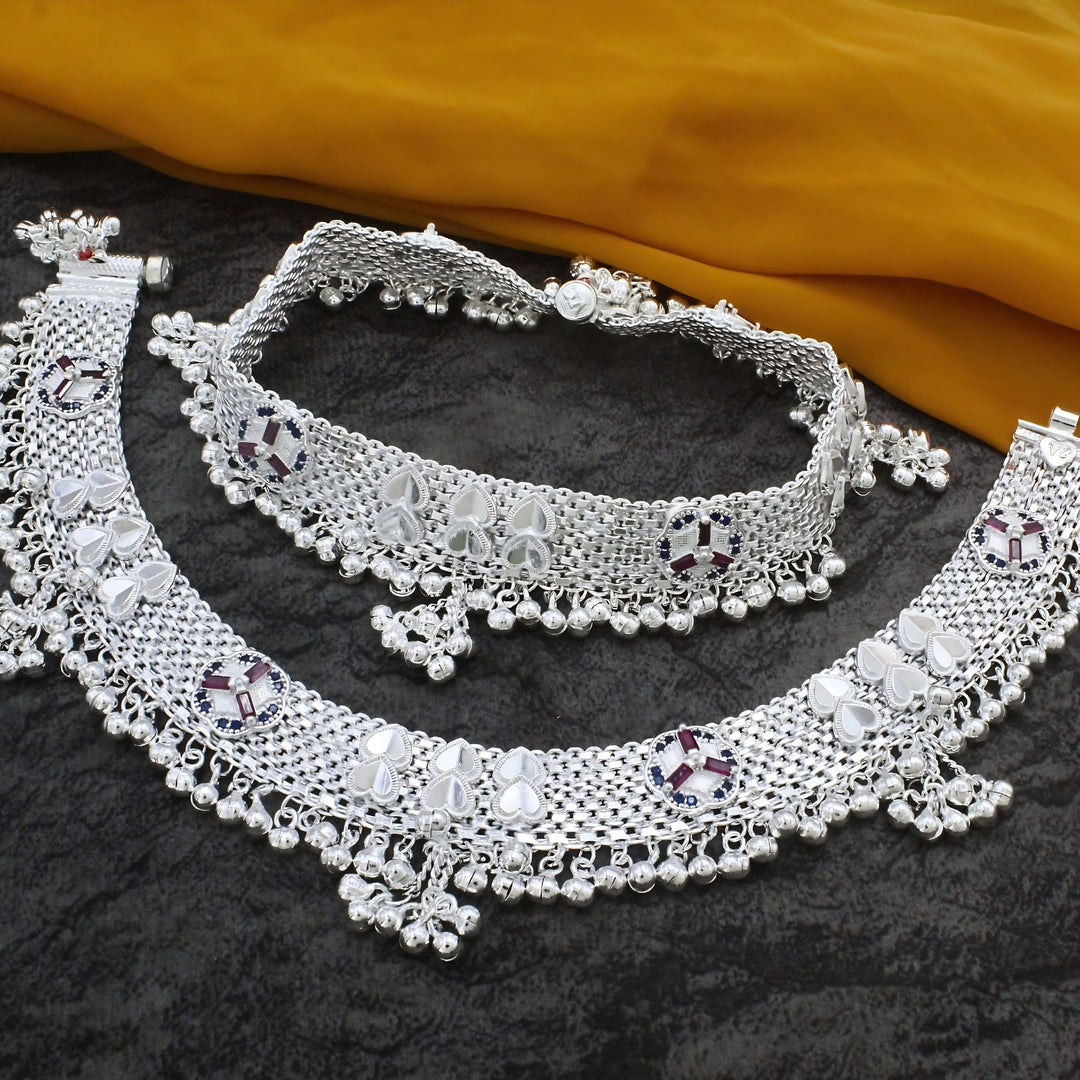 Heavy Real Silver Bridal Jingle Bells Blue Pink CZ Anklet Pair - 10 inch