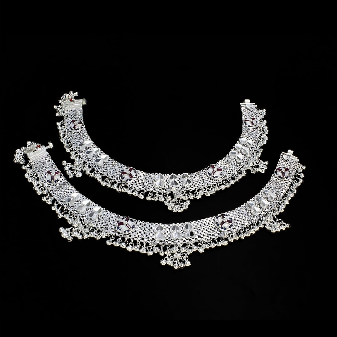 Heavy Real Silver Bridal Jingle Bells Blue Pink CZ Anklet Pair - 10 inch