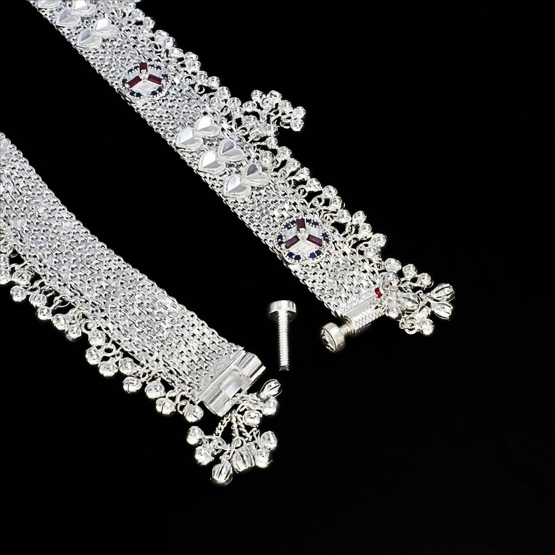 Heavy Real Silver Bridal Jingle Bells Blue Pink CZ Anklet Pair - 10 inch