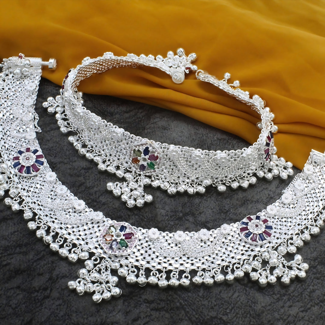 Heavy Designer Real Silver Bridal Jingle Bells Anklet Pair with Multi CZ