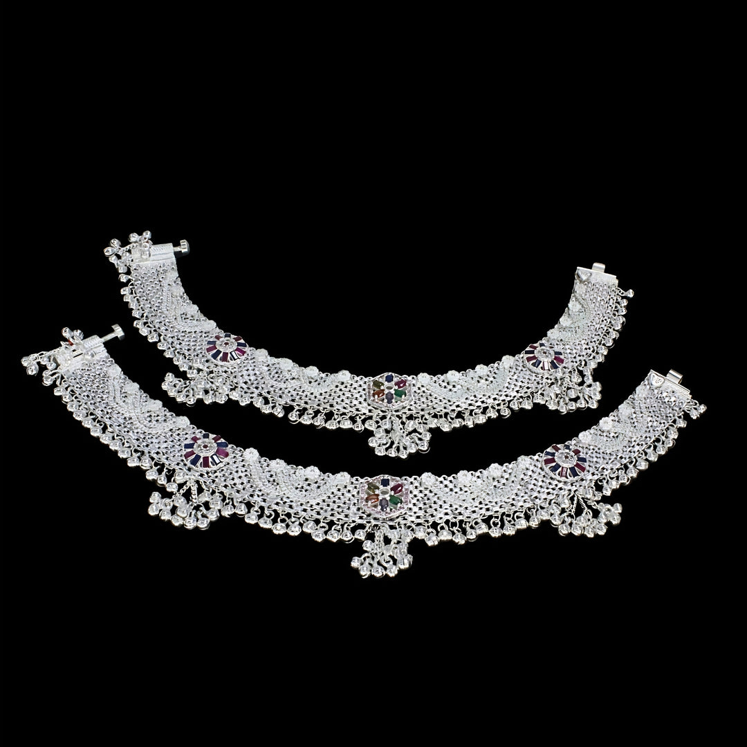 Heavy Designer Real Silver Bridal Jingle Bells Anklet Pair with Multi CZ