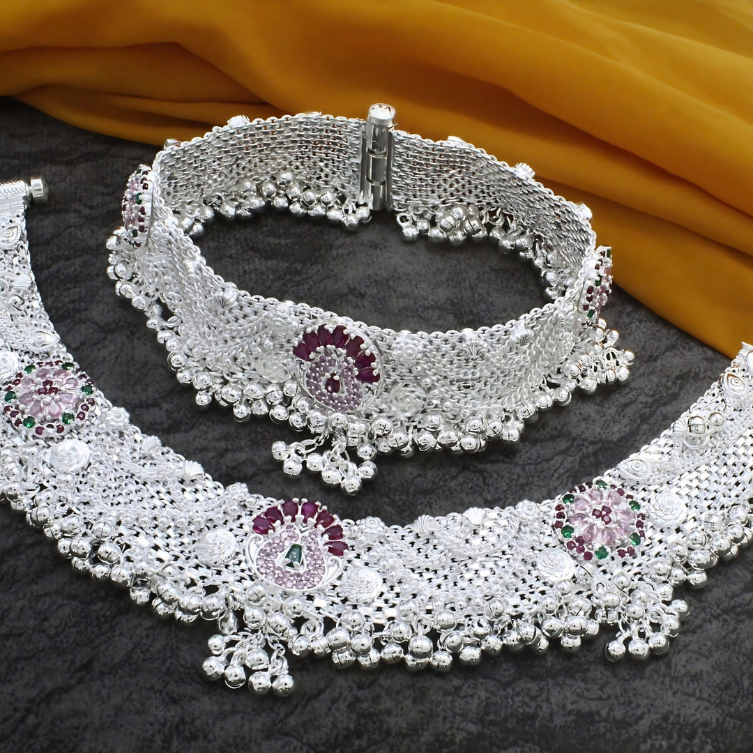 Indian Statement Bridal Real Silver Peacock Motif Cubic Zirconia Jingle Bells Anklet- Pair