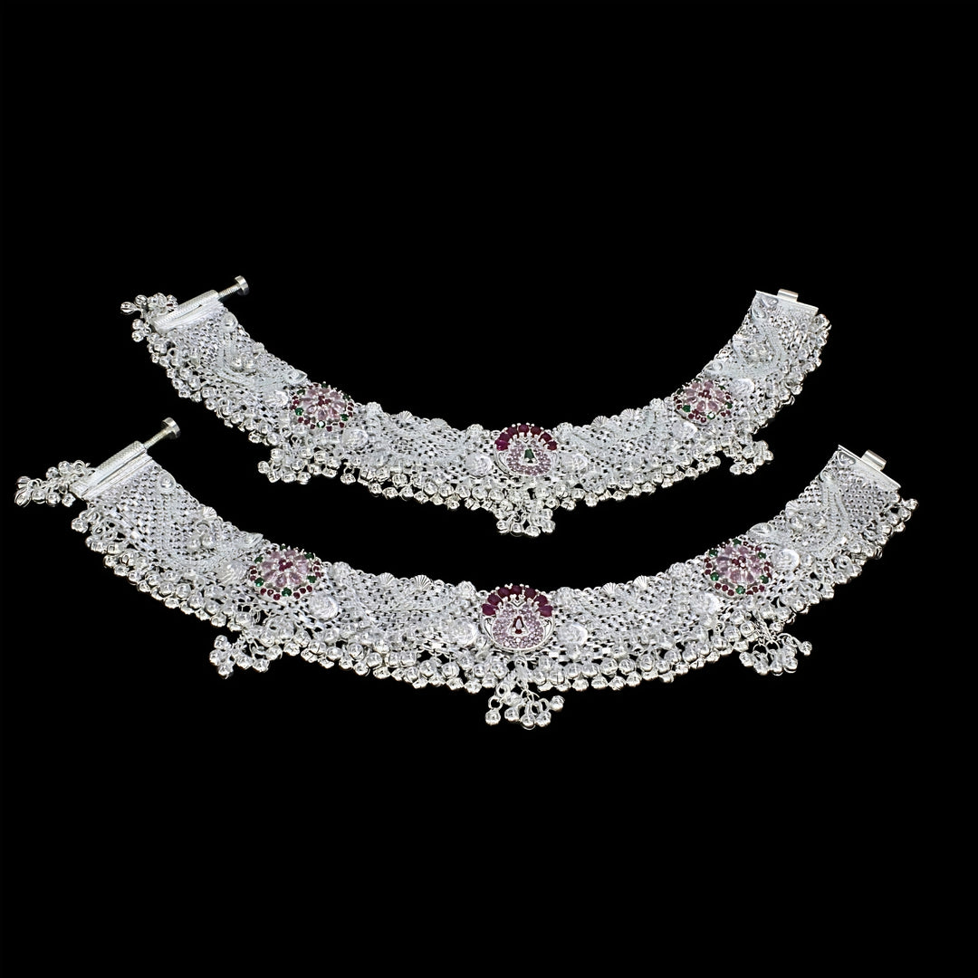 Indian Statement Bridal Real Silver Peacock Motif Cubic Zirconia Jingle Bells Anklet- Pair