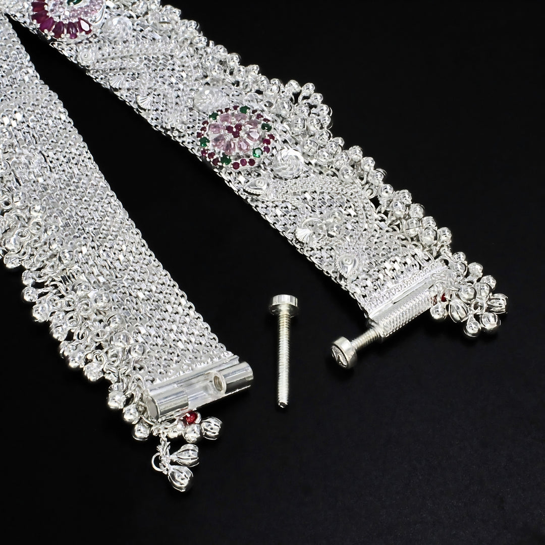 Indian Statement Bridal Real Silver Peacock Motif Cubic Zirconia Jingle Bells Anklet- Pair